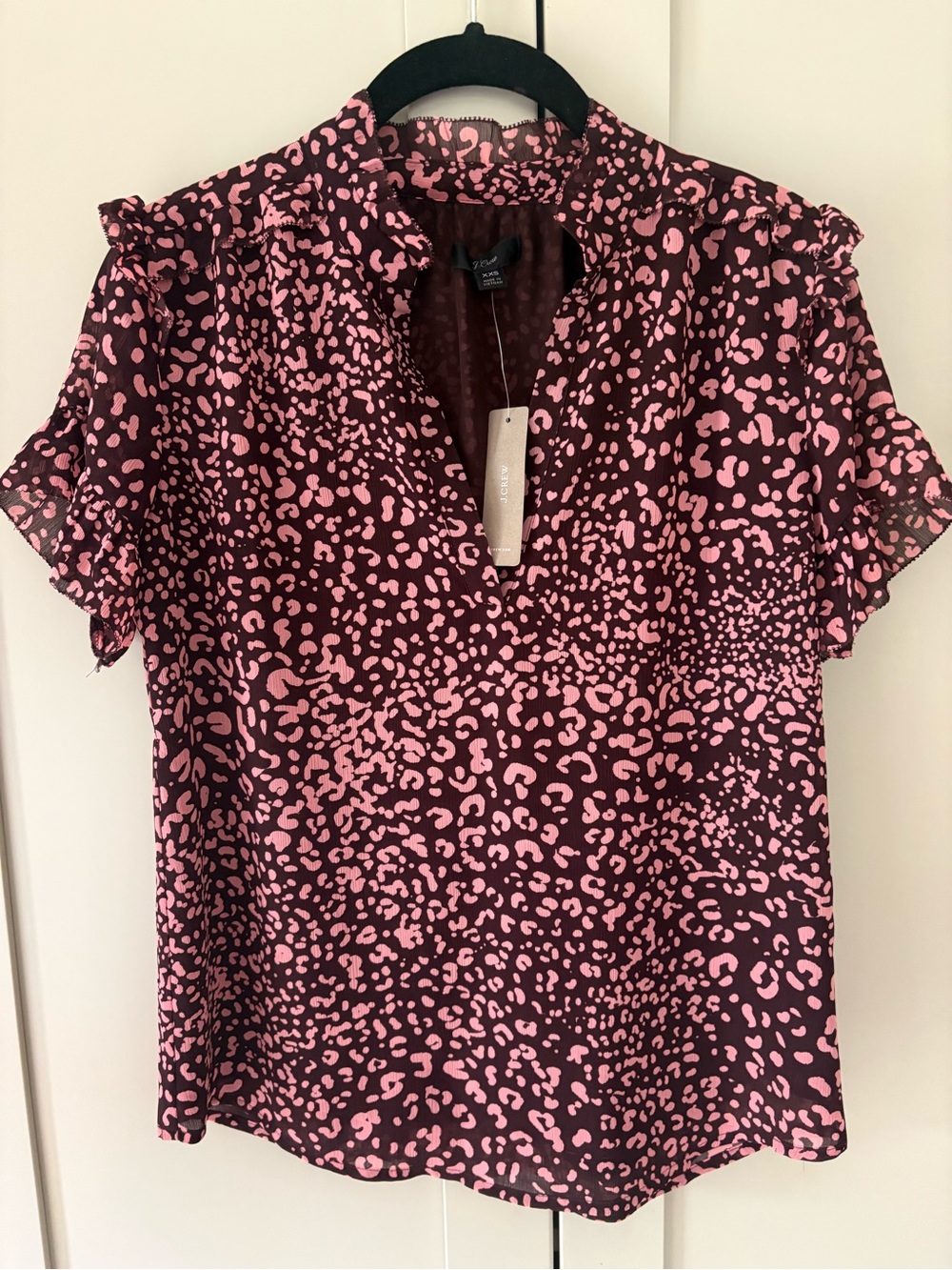 J. Crew Style AG537 Short Sleeve Ruffle Top in Leopard Print NWT